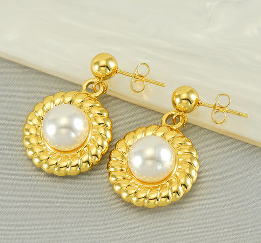 Stainless Steel Pearl Flower Drop Earrings