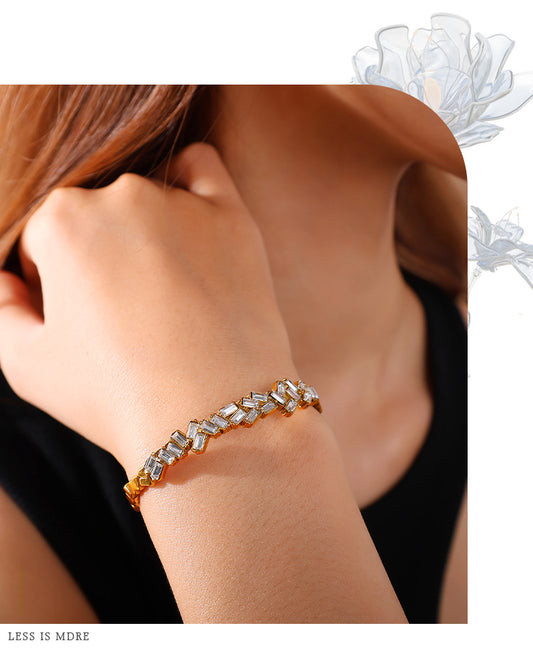 Stainless Steel Baguette Zircon Open Cuff Bracelet