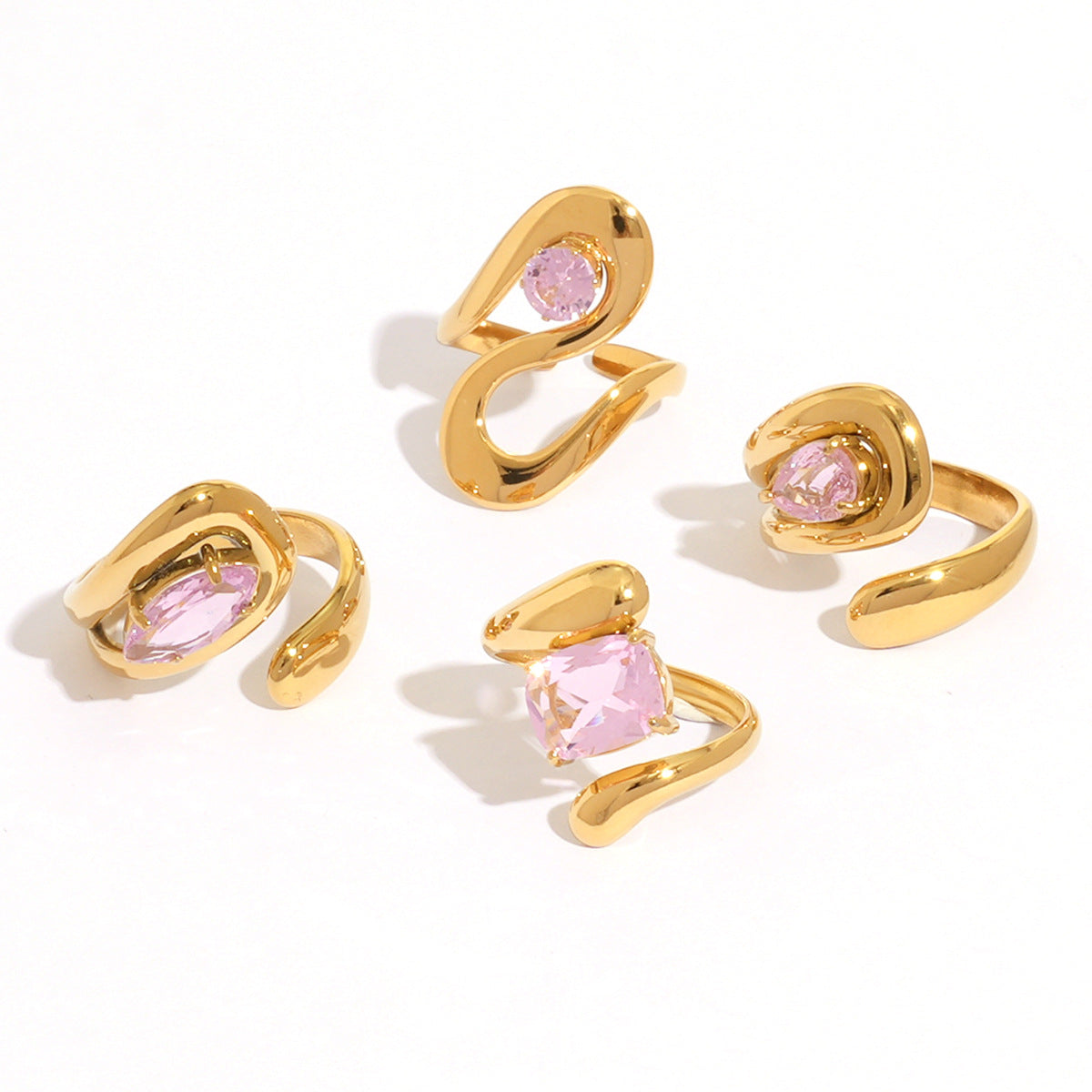 Stainless Steel Pink CZ Sculptural Ring Collection